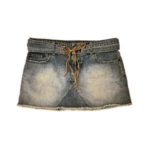 Vintage Y2K Abercrombie & Fitch Denim Mini Skirt 4 Low Rise Lace Up Frayed Hem